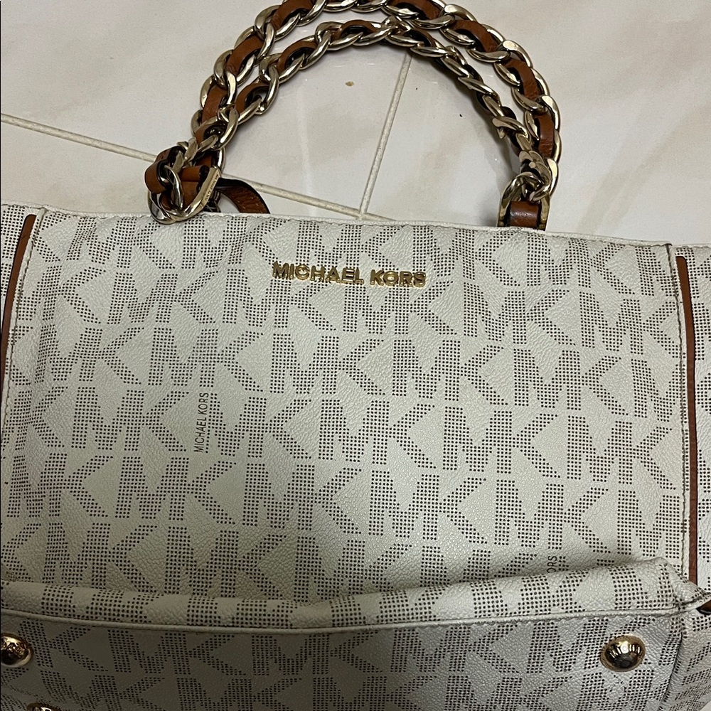 Michael Kors Cream Logo Tote with Gold Chain Handles